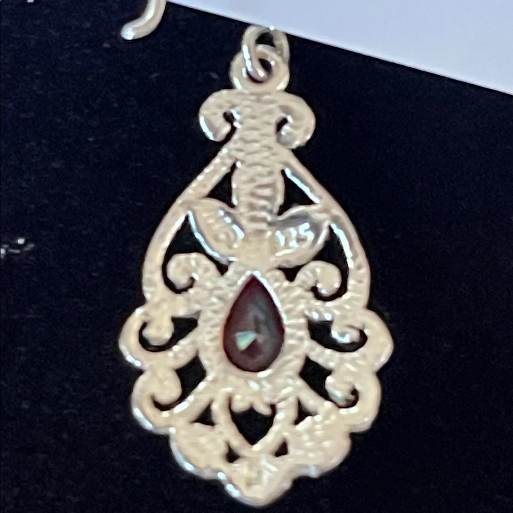 Silver Filigree Teardrop Earrings with Red Accent - Picture 3 of 4